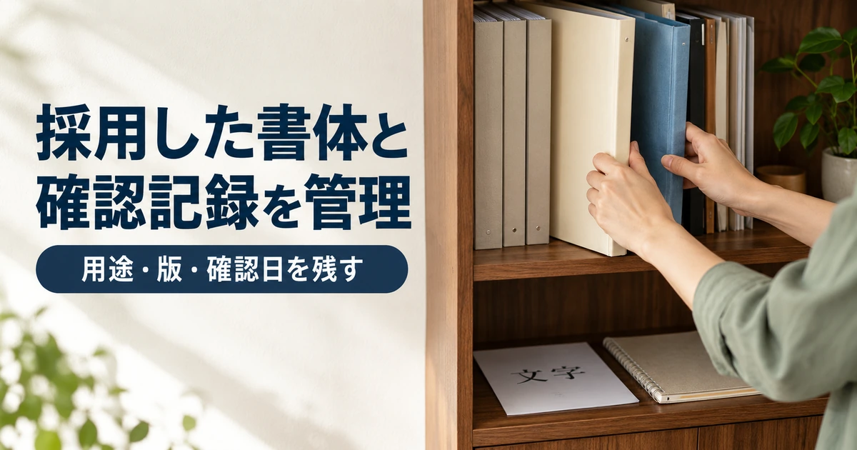 フォントの採用記録と作品の見本を紙のフォルダに整理する場面