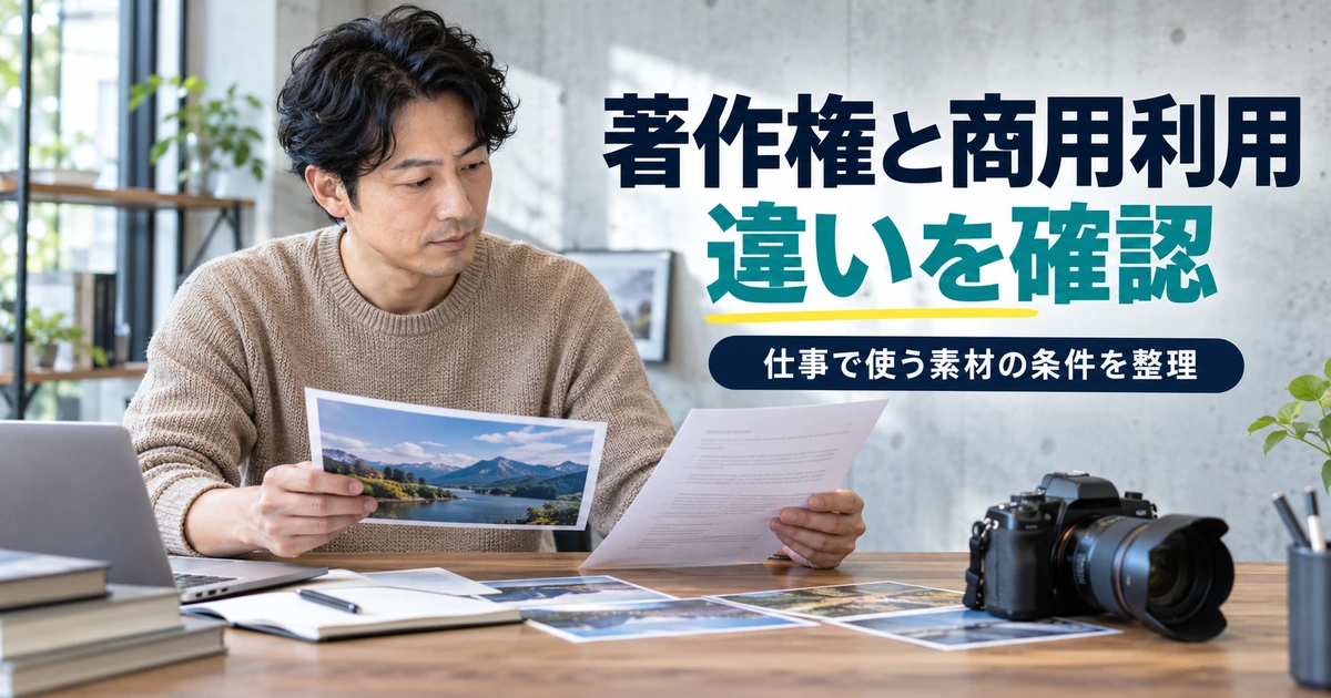 写真素材と利用条件を見比べる男性。著作権と商用利用の違いを確認する場面