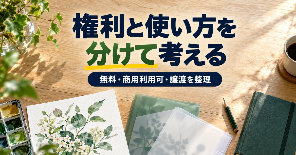 作品と利用条件の資料を分けて並べた机。権利と使い方を整理するイメージ