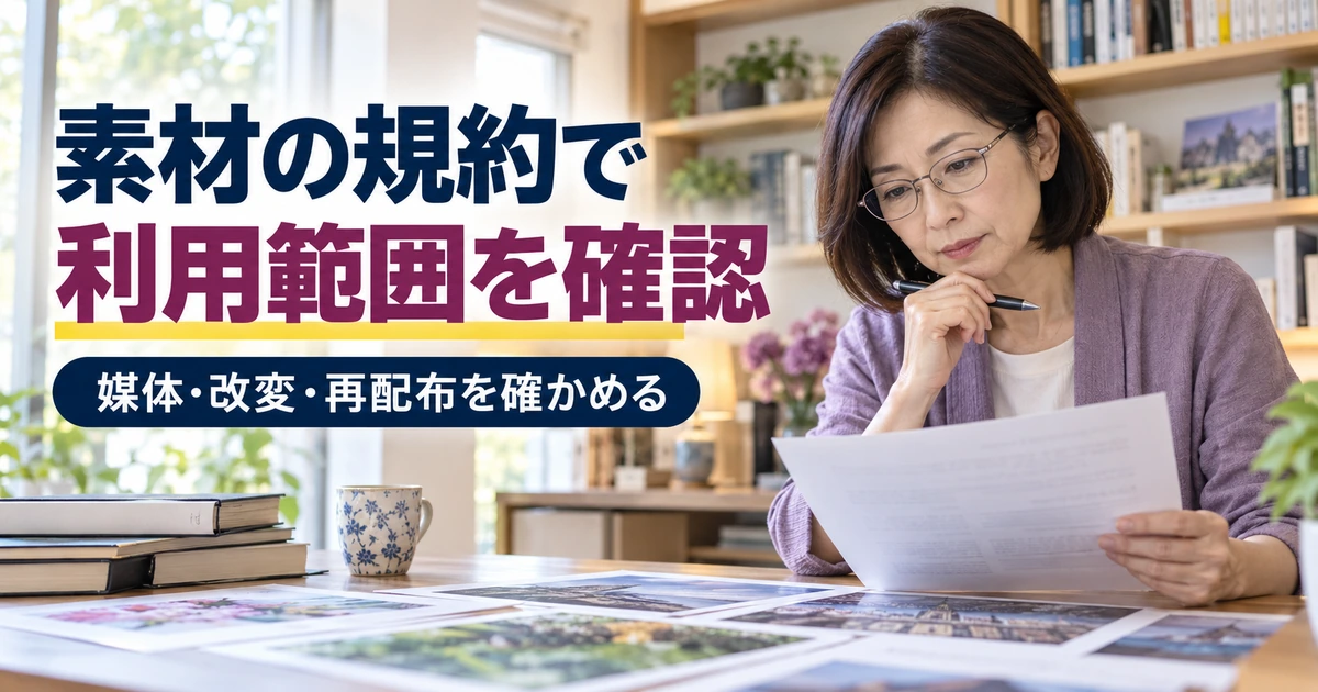素材の規約を紙資料と照合し、利用範囲を確認する女性