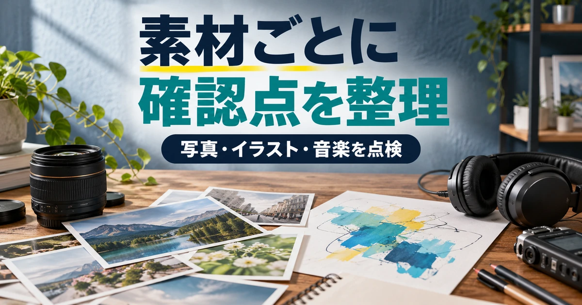 写真、イラスト、音楽を示すカメラ・作品・ヘッドホンを並べた制作机