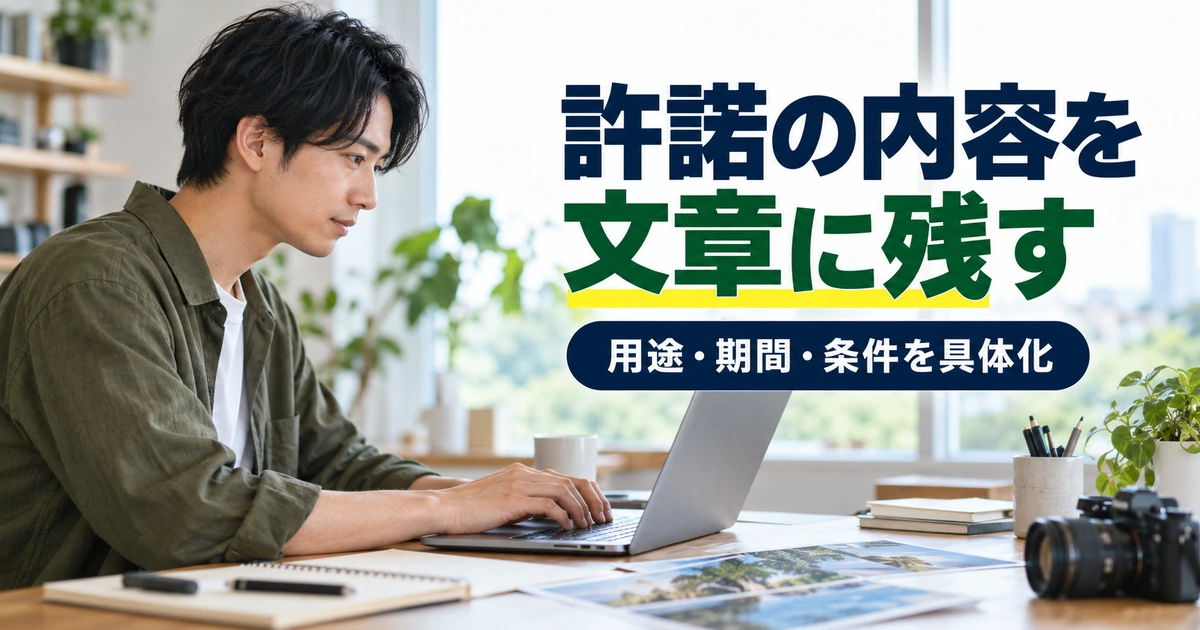 素材の用途・期間・条件を確認する文章をパソコンで作成する制作者