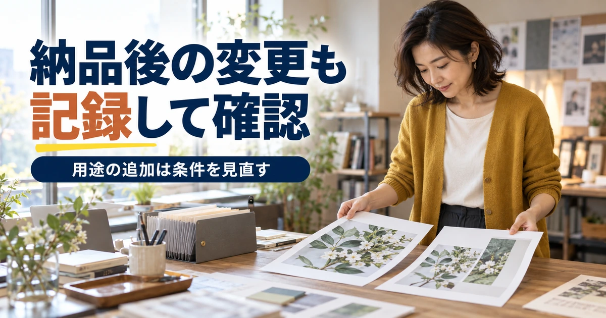 納品物と変更後の見本を並べ、用途の追加と条件を確認する女性
