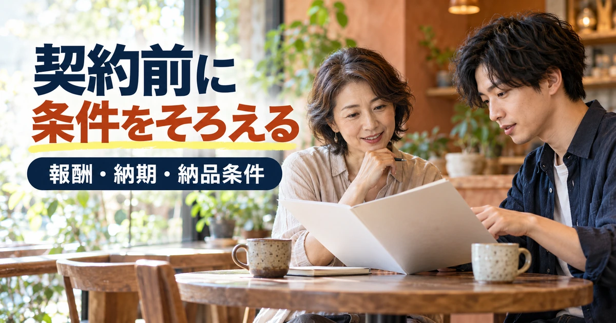 契約前に報酬と納期と納品条件を確認する場面