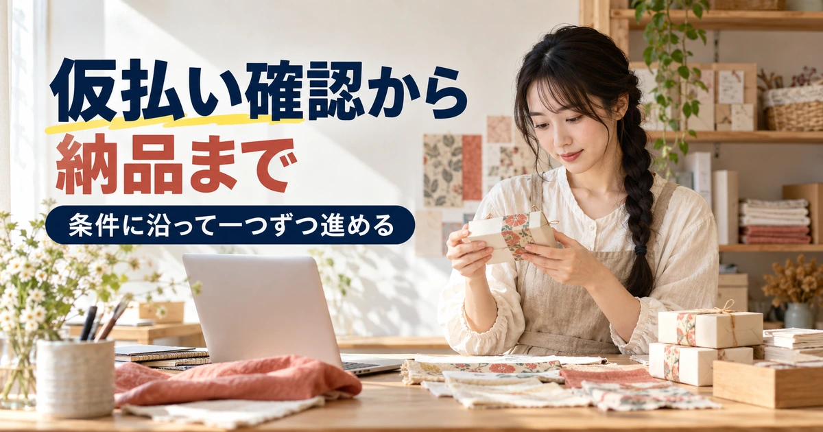 仮払い確認後に条件に沿って制作と納品を進める場面
