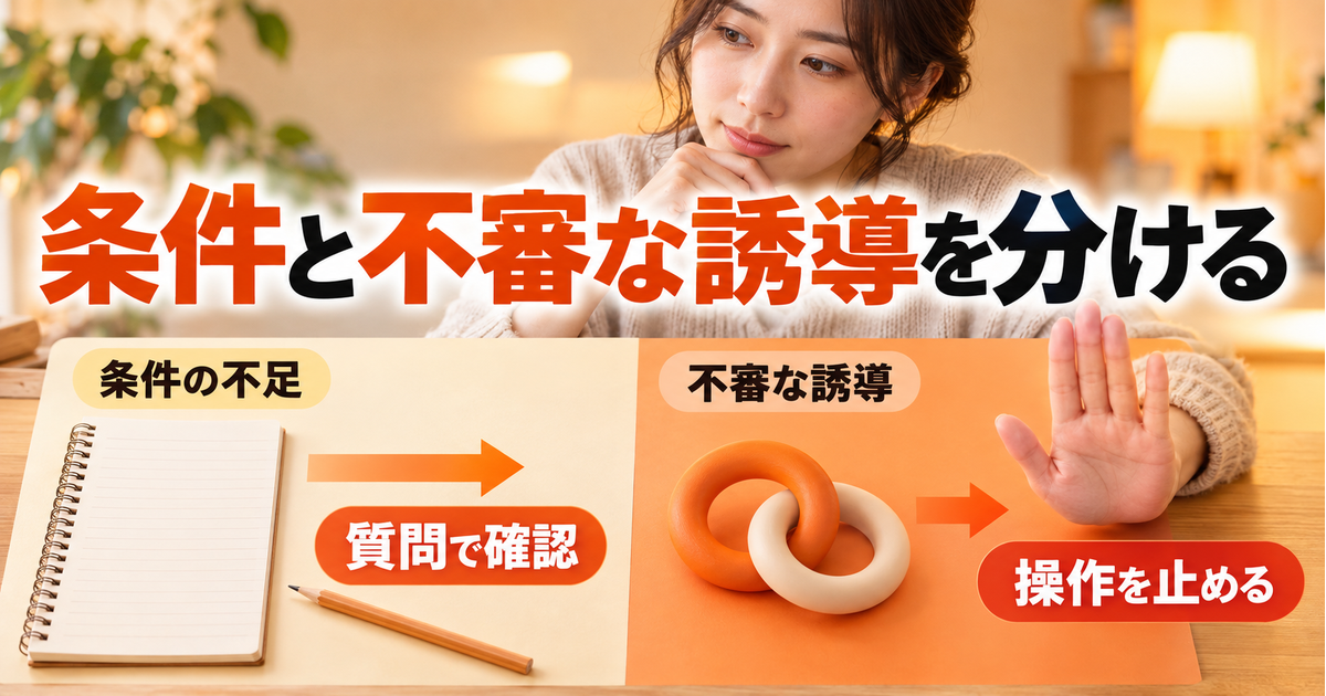 条件の不足は質問で確認し、不審な誘導は操作を止める判断へ分ける