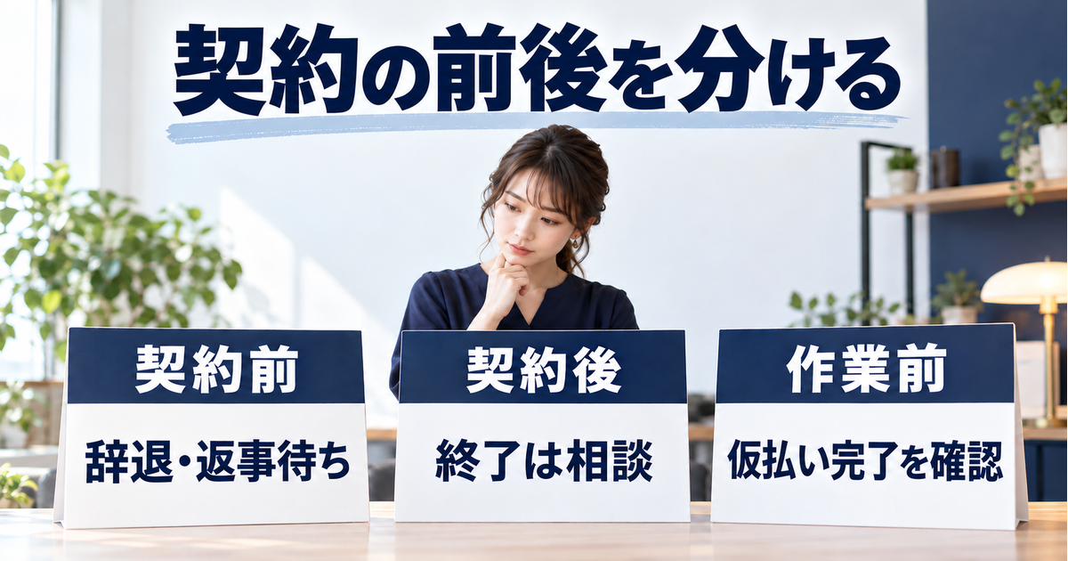 契約前の辞退や返事待ち、契約後の終了相談、作業前の仮払い完了確認を分ける