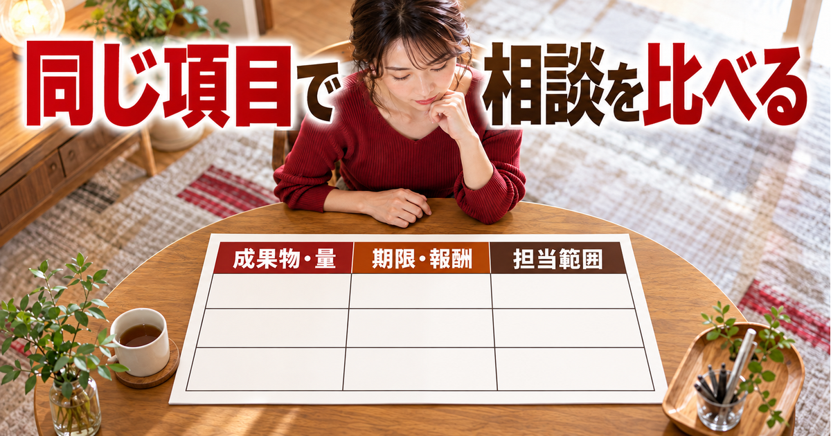 三つの相談を成果物と量・期限と報酬・担当範囲という同じ項目で比べる