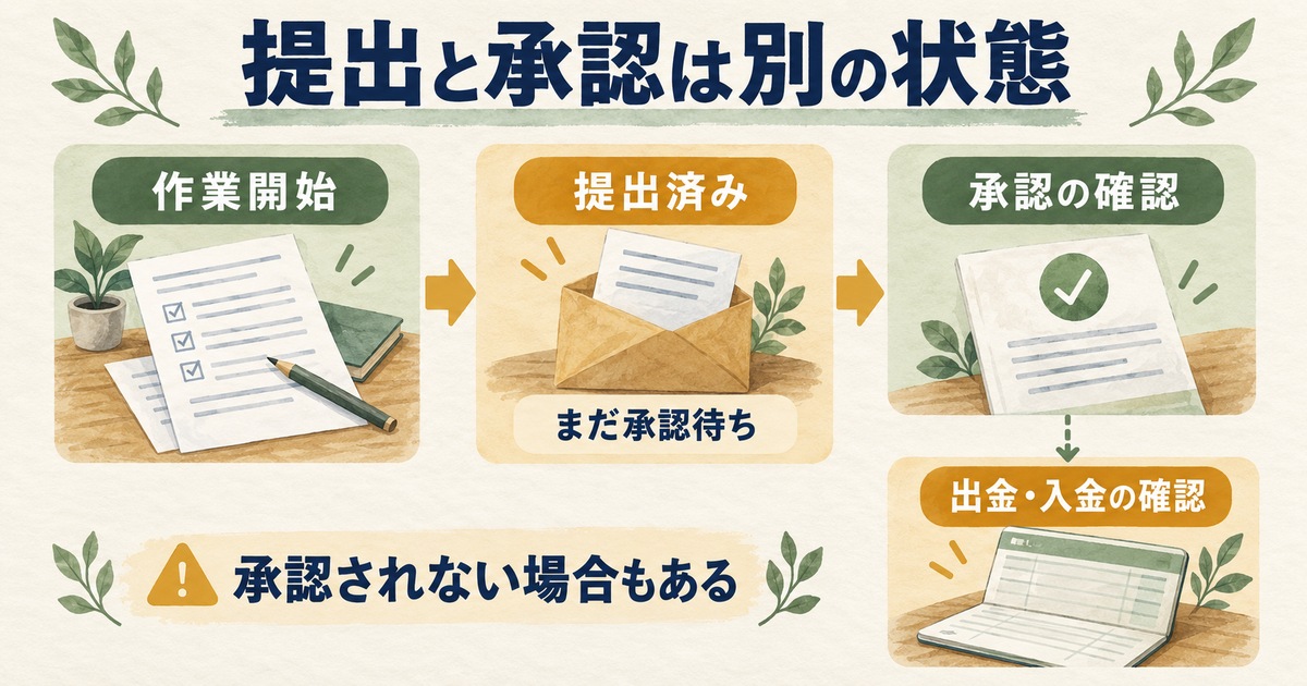作業開始、提出済み、承認確認、出金と入金の確認を別の状態として示す図