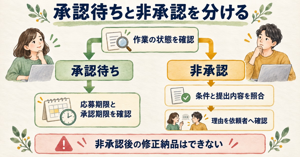 承認待ちでは期限を、非承認では依頼条件と提出内容を確認し、理由を依頼者へ尋ねる図