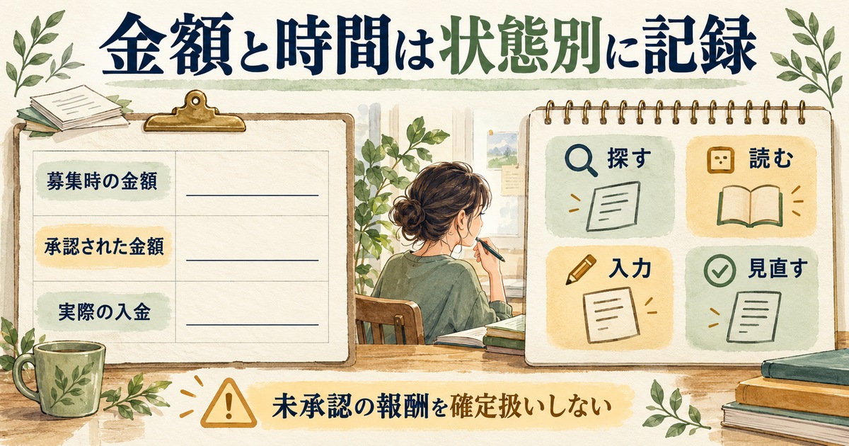 募集時・承認後・入金の金額を分け、探す・読む・入力・見直す時間を記録する図