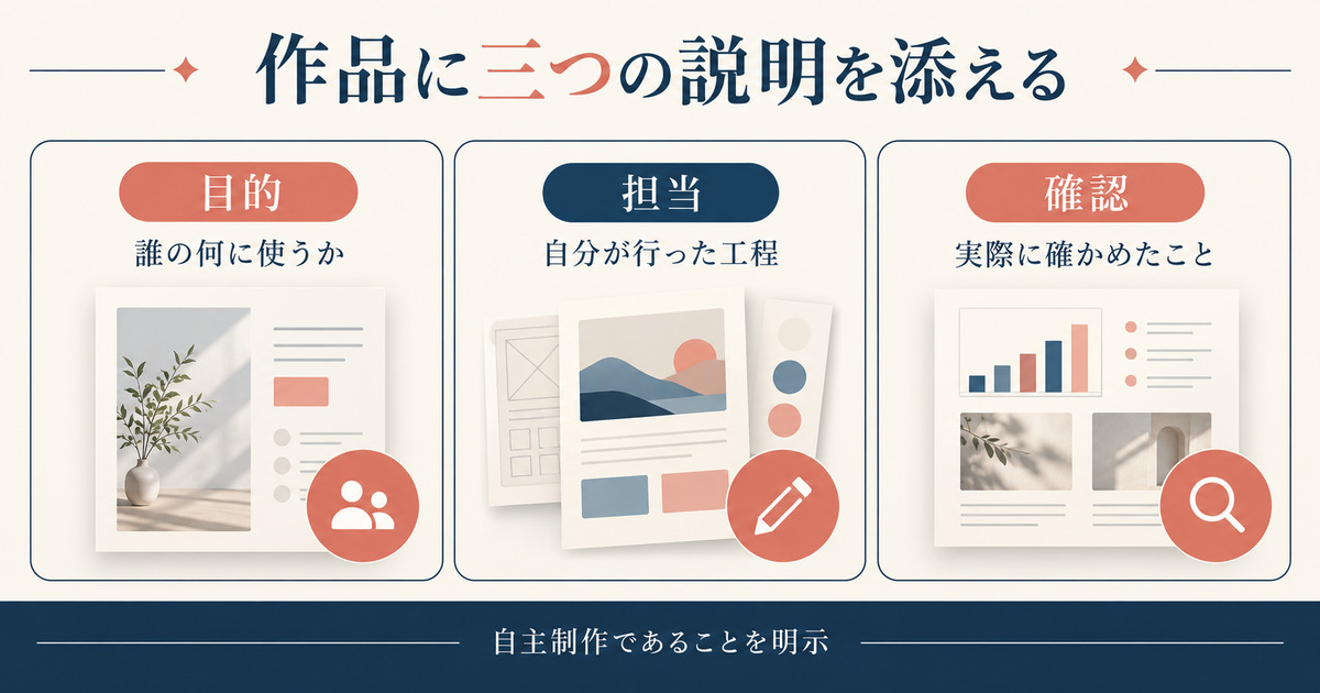 作品ごとに目的、自分の担当工程、実際に確認したことを添える三項目