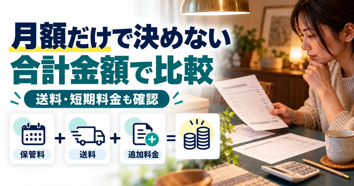 宅配型トランクルームは月額だけで決めず、保管料・送料・追加料金の合計金額で比較する図解