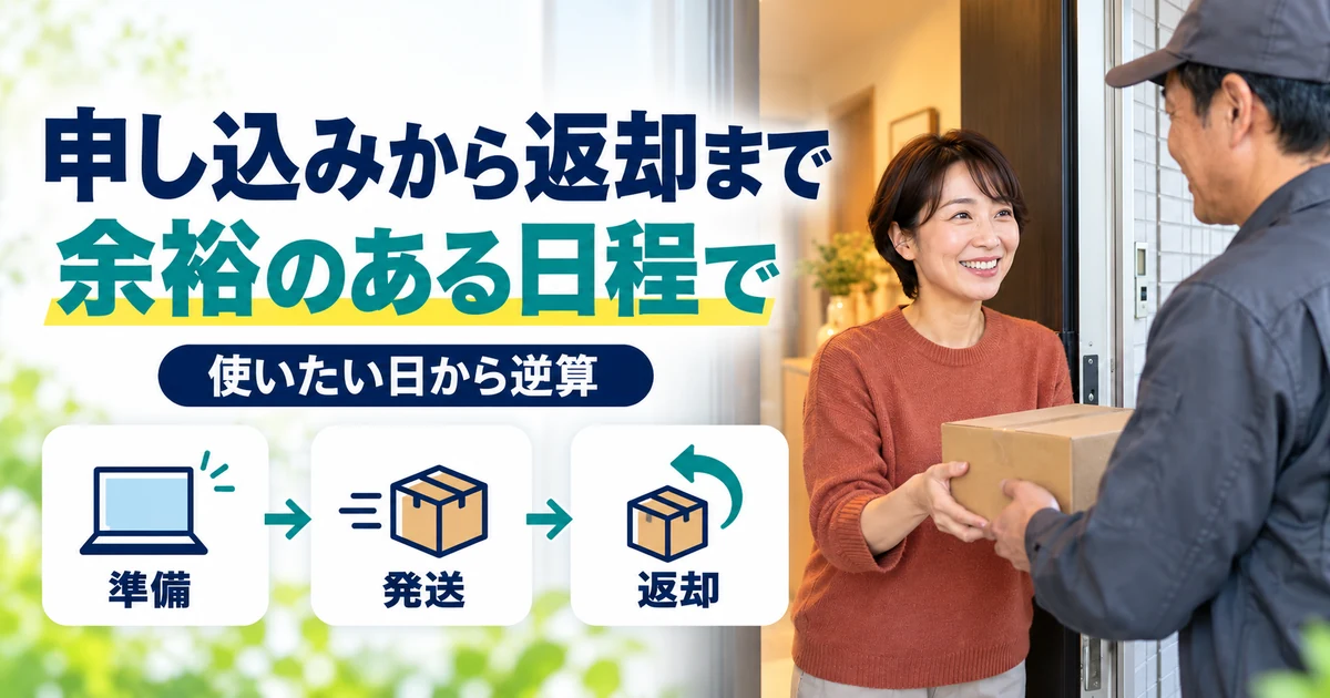 宅配型トランクルーム:申し込みから返却まで、余裕のある日程で。準備・発送・返却を図解