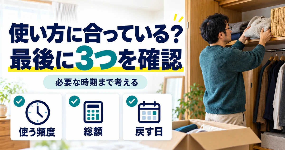 宅配型トランクルーム:使い方に合っている?、最後に3つを確認。使う頻度・総額・戻す日を図解