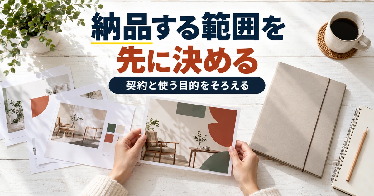 完成デザインと条件資料を比較し、納品する範囲を整理する手元