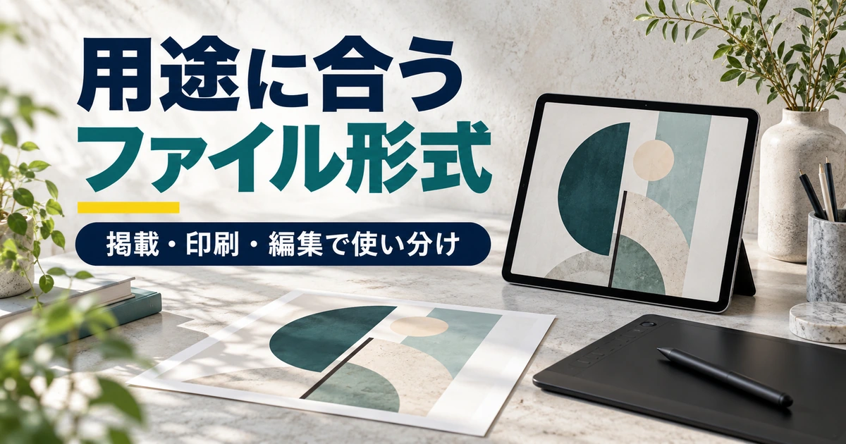 掲載用画面・印刷物・制作端末を並べ、用途に合うファイル形式を考える場面