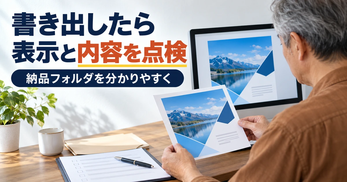 書き出したデータの表示と印刷見本を比較するデザイナー