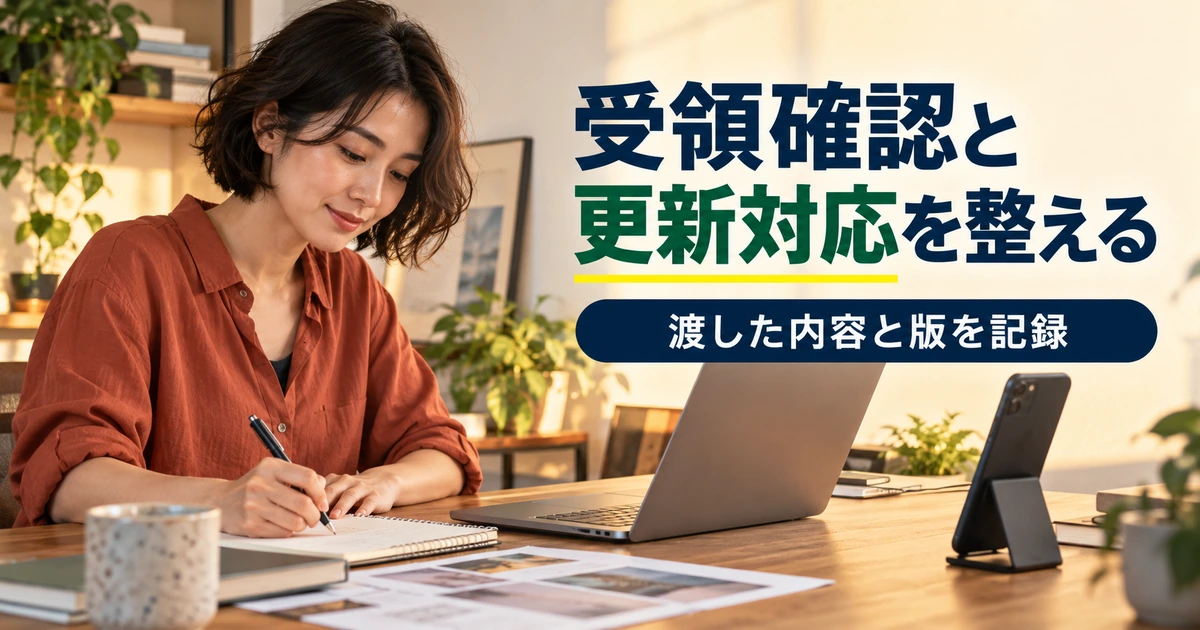 納品した内容と版をノートへ記録し、受領確認に備える制作者