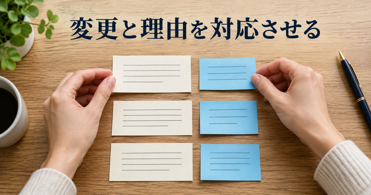 修正する内容と理由を組にして並べるカードのAI概念イメージ