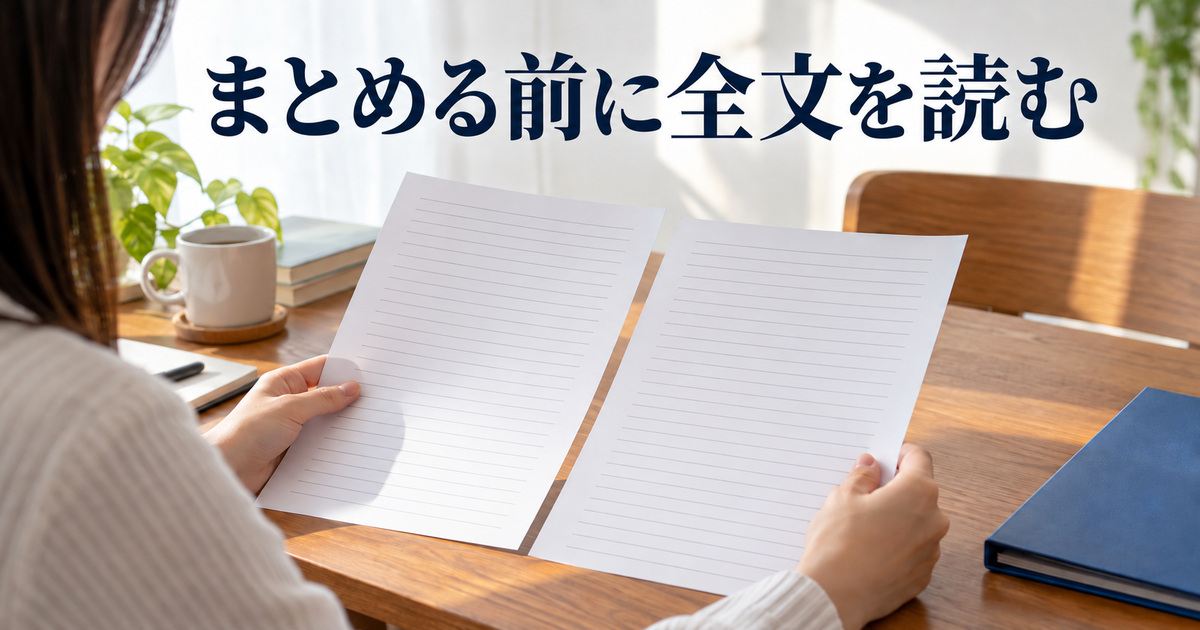 一括判断の前に文章全体を見比べるAI概念イメージ