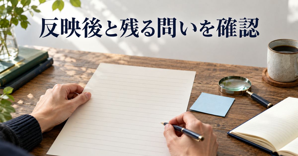 反映後の文章と残る質問を分けて確認するAI概念イメージ
