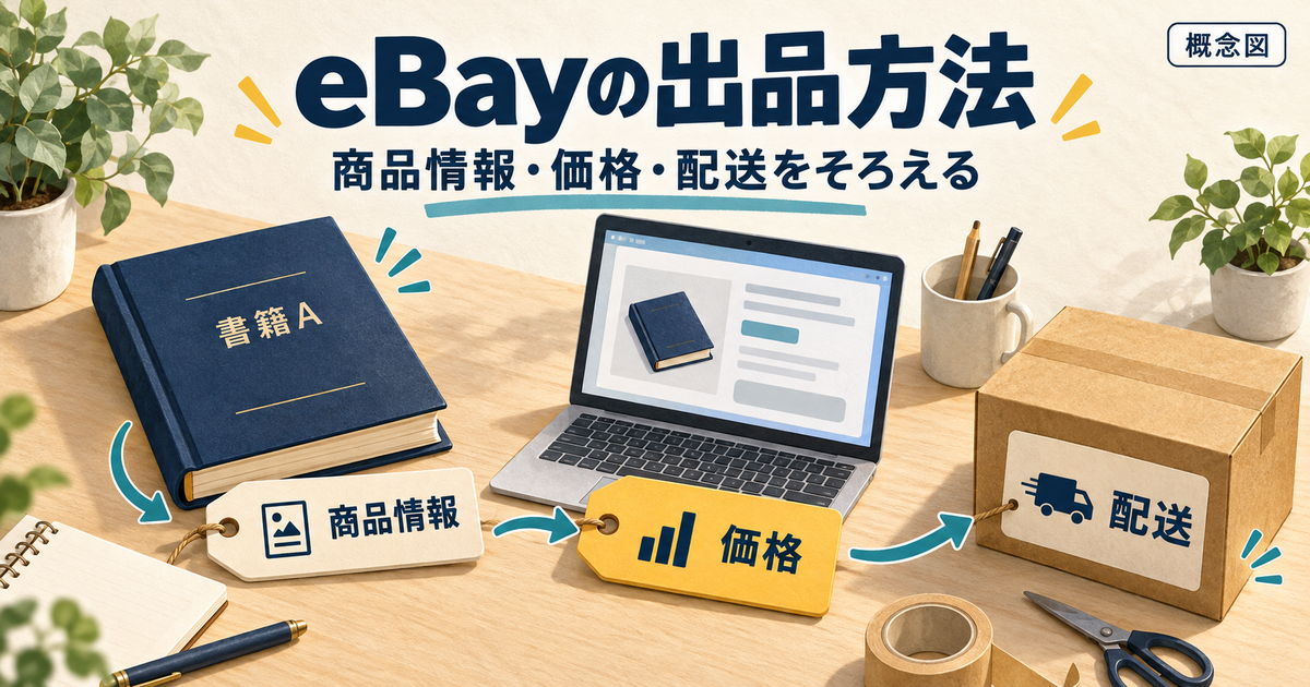 eBayへ初めて出品するときに商品情報、価格、配送条件を整える説明図。