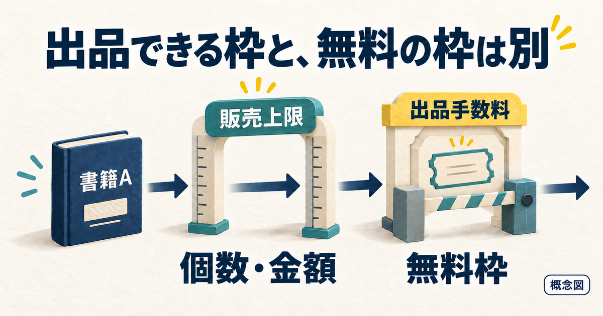販売可能な個数・金額の上限と、出品手数料の無料枠が別であることを示す図。