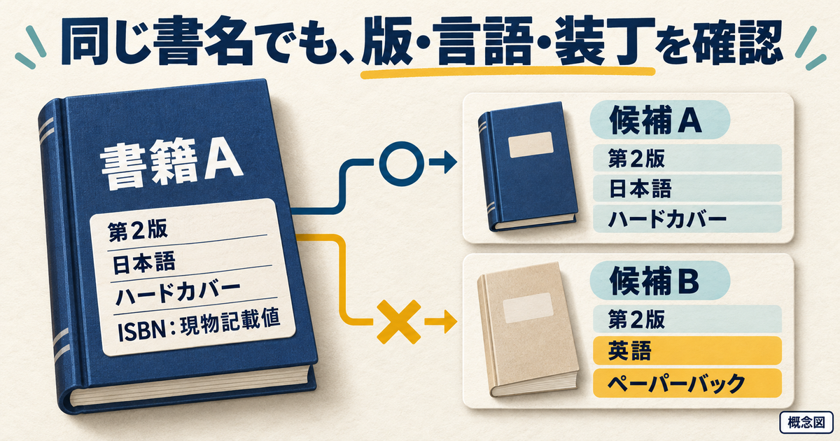 同じ書名の候補でも版、言語、装丁、ISBNを現物と照合して選ぶ図。