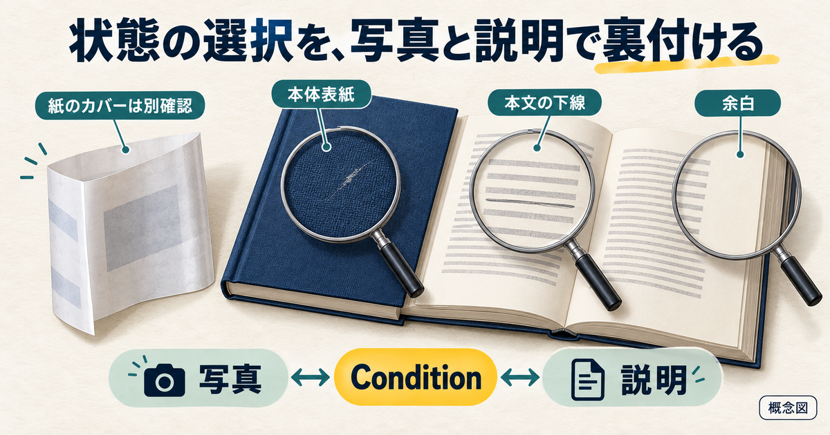 本の表紙や本文の状態を、Conditionの選択、実物写真、説明文で一致させる図。