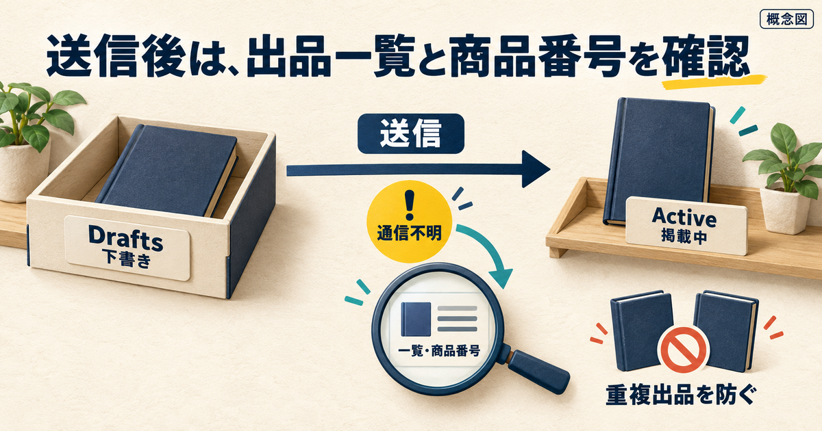 下書きと掲載中を区別し、送信結果が不明なときは商品番号と一覧を確かめて重複出品を防ぐ図。