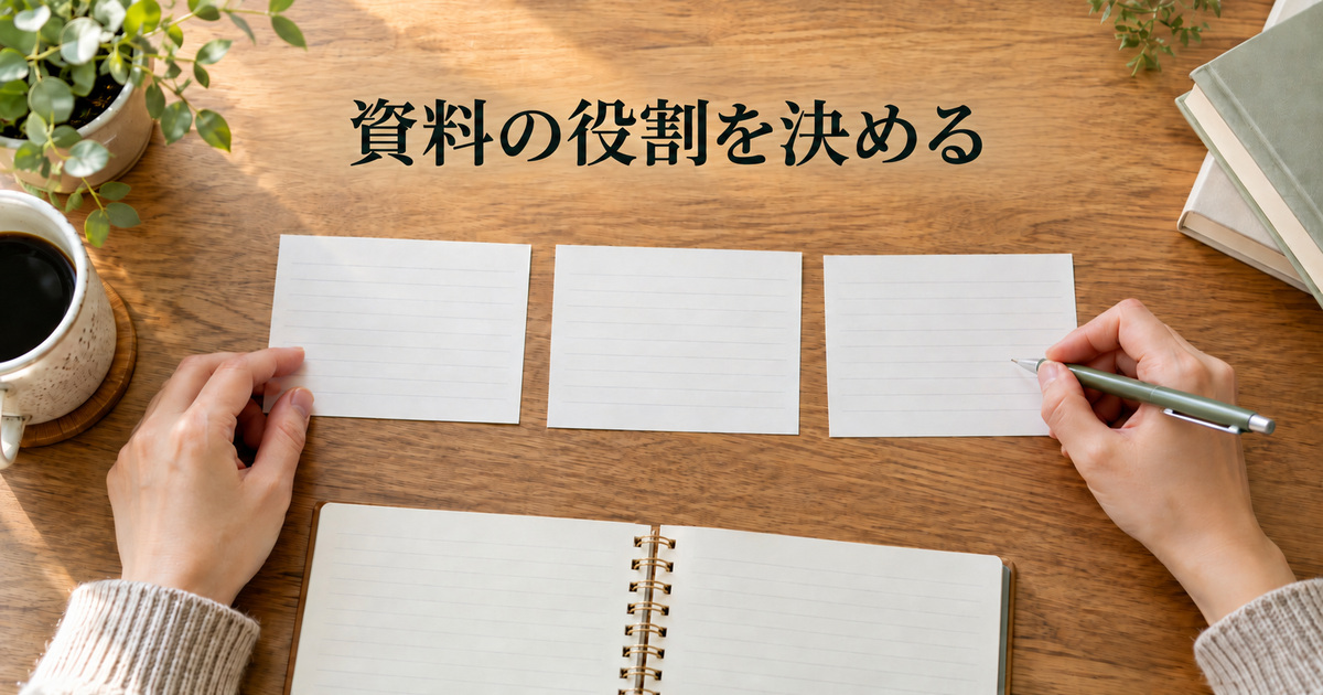 三つの資料の役割をカードで考えるAI概念イメージ
