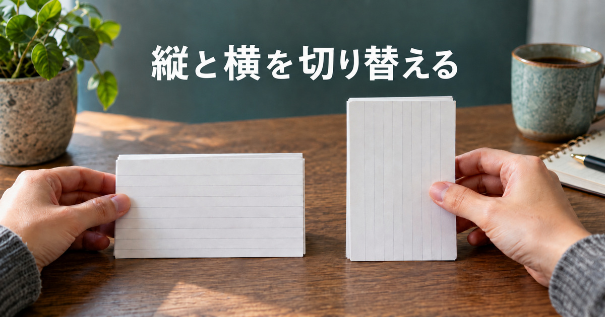 横並びと縦並びの違いを紙で考えるAI概念イメージ