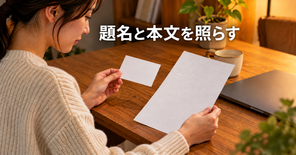 題名と内容の対応を読み比べる人のAI概念イメージ