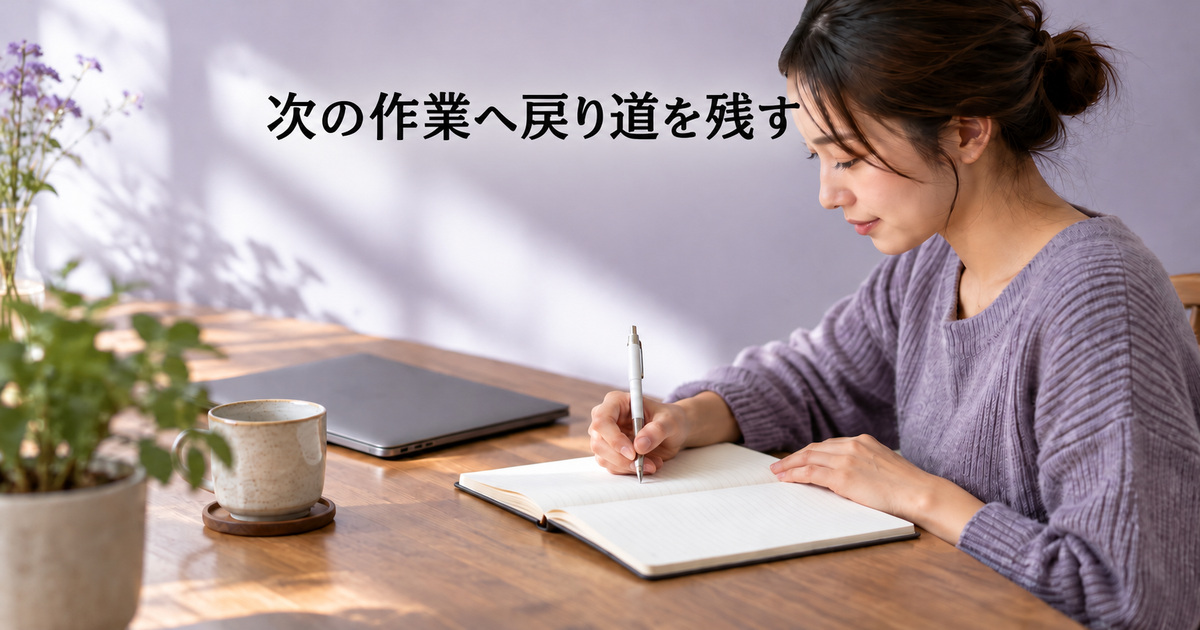 次の作業へ資料の戻り道を残すAI概念イメージ