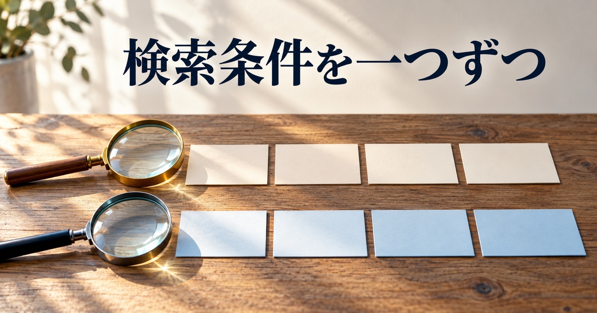 二列のカードと虫眼鏡で条件を比べるAI概念イメージ