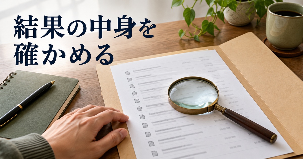 フォルダー内の紙と虫眼鏡で候補を確かめるAI概念イメージ