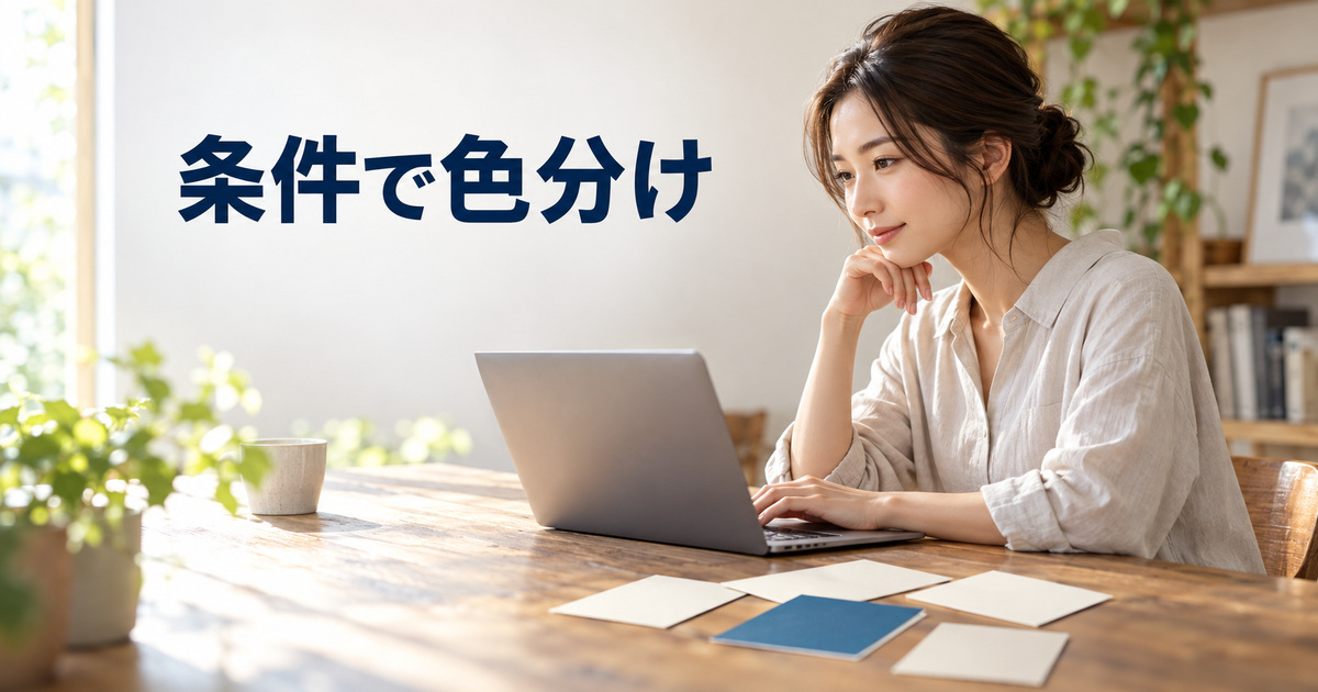 机で数値の条件と色分けを考える人の写真主体の概念イメージ