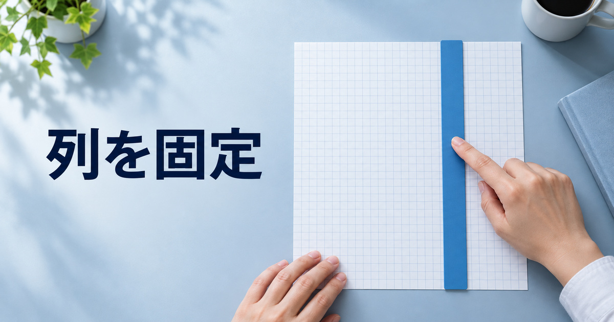 罫線紙の縦方向へ青い定規を当てて参照列の固定を考える概念イメージ