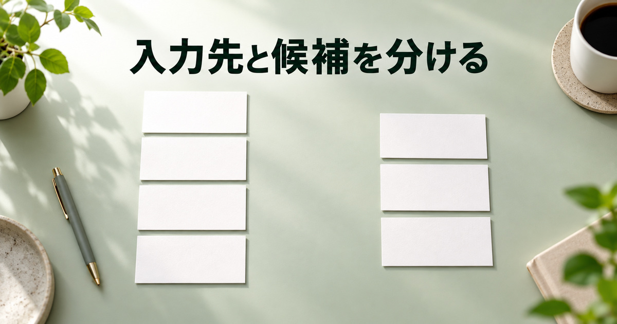 四つの入力先と三つの候補を別々に整理する写真イメージ