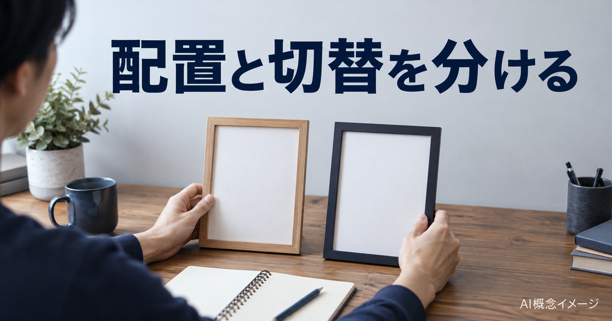 配置の枠と作業メモを見比べるAI概念イメージ