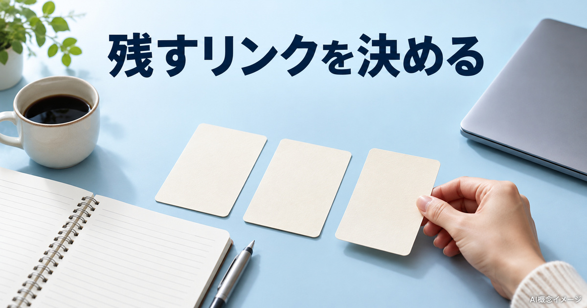 残すリンクを選ぶ三枚のカードとノートのAI概念イメージ