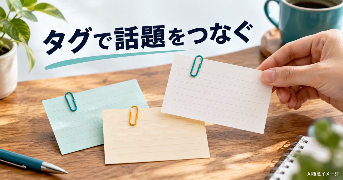 話題の目印を付ける色付きクリップとカードのAI概念イメージ