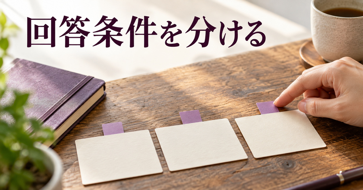 質問とは別に回答条件を確かめる紙カードのAI概念イメージ