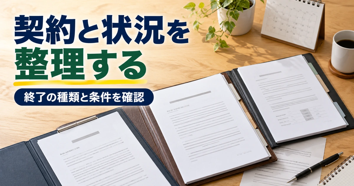 契約書・発注の記録・予定表を並べ、契約終了の条件を確認する机上