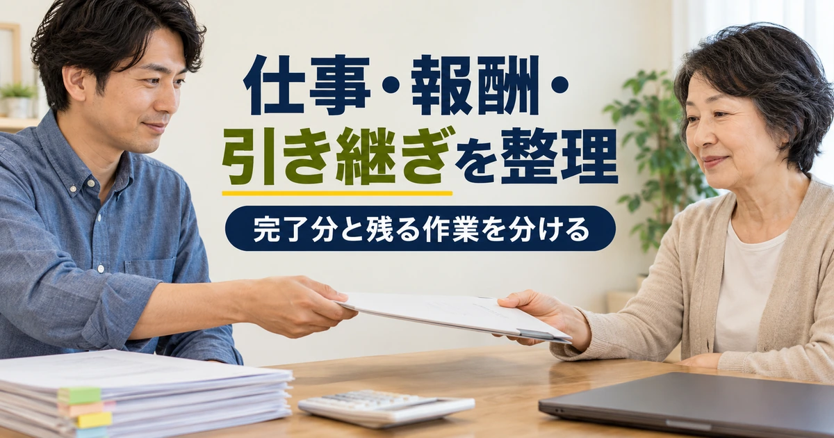 途中までの仕事と精算資料を確認し、引き継ぐ書類を受け渡す場面