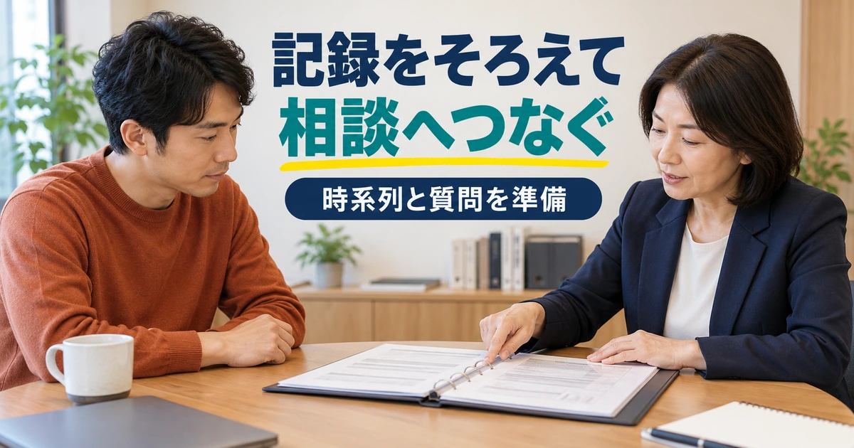 時系列にまとめた契約資料を見ながら、専門家への相談内容を整理する二人