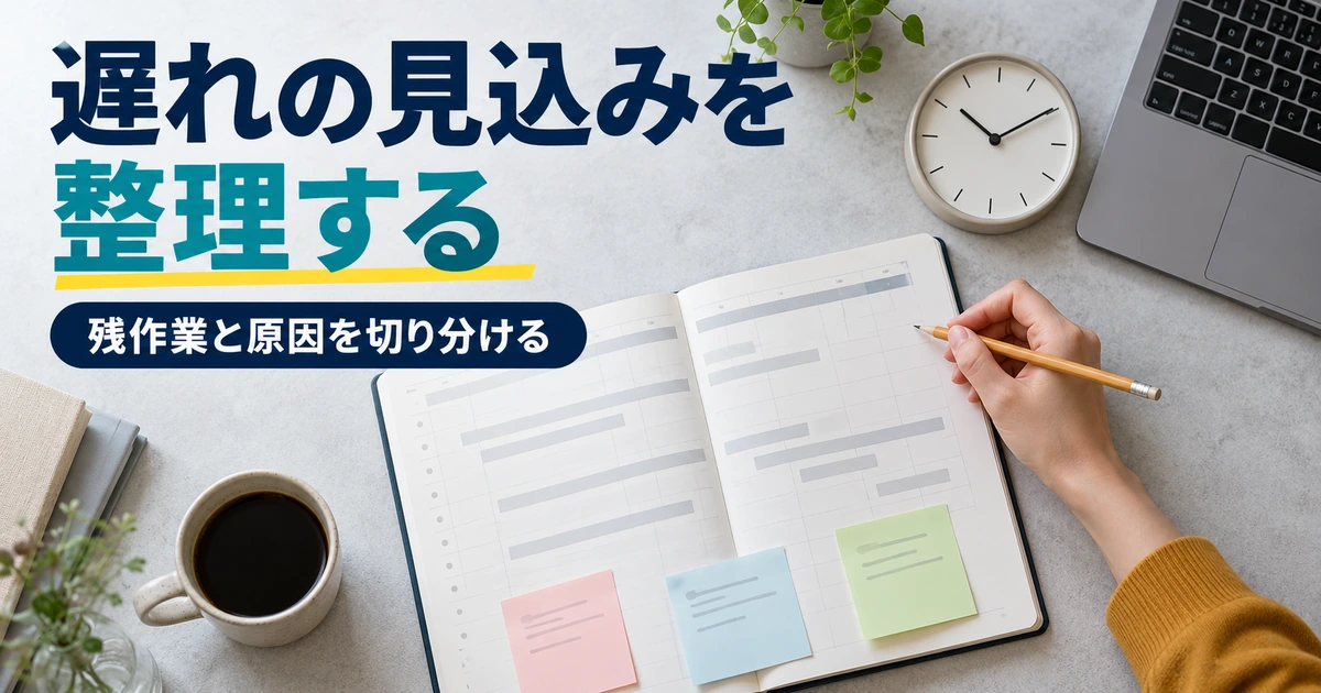 工程表と時計を見ながら、残作業と遅れる原因を整理する手元