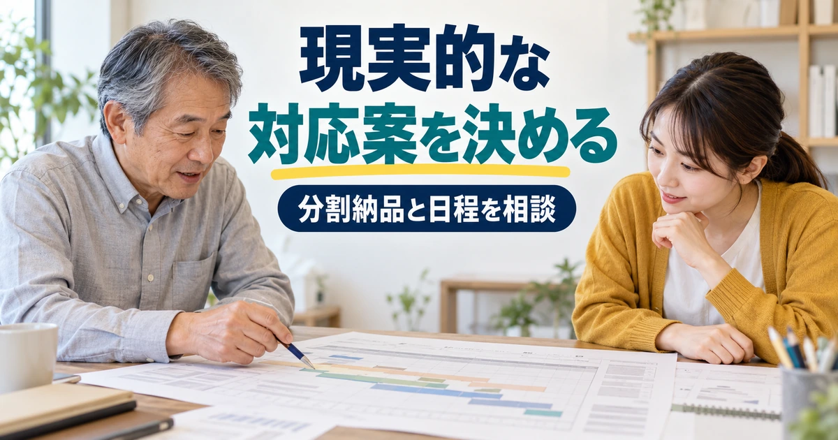 工程表を囲んで、分割納品や日程の調整案を相談する二人