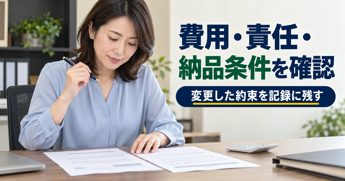 再調整に伴う費用と納品条件を、契約資料で確認する女性